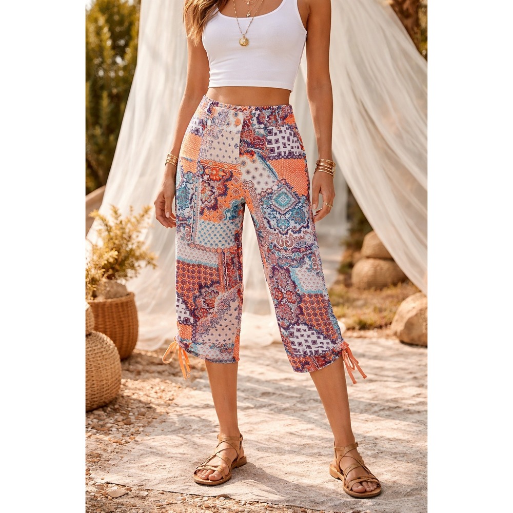 Boho Patchwork Cropped Drawstring Pants - Orange Multi